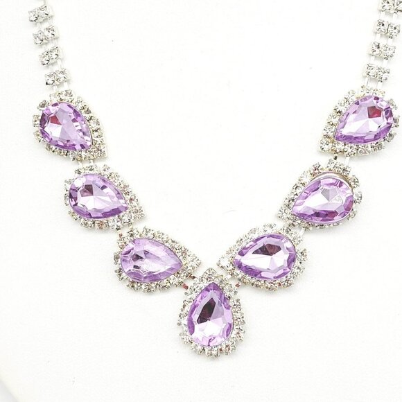 Special Occasion Teardrop Rhinestone Necklace Silver Tone Lavender & Clear NOS - Picture 4 of 8